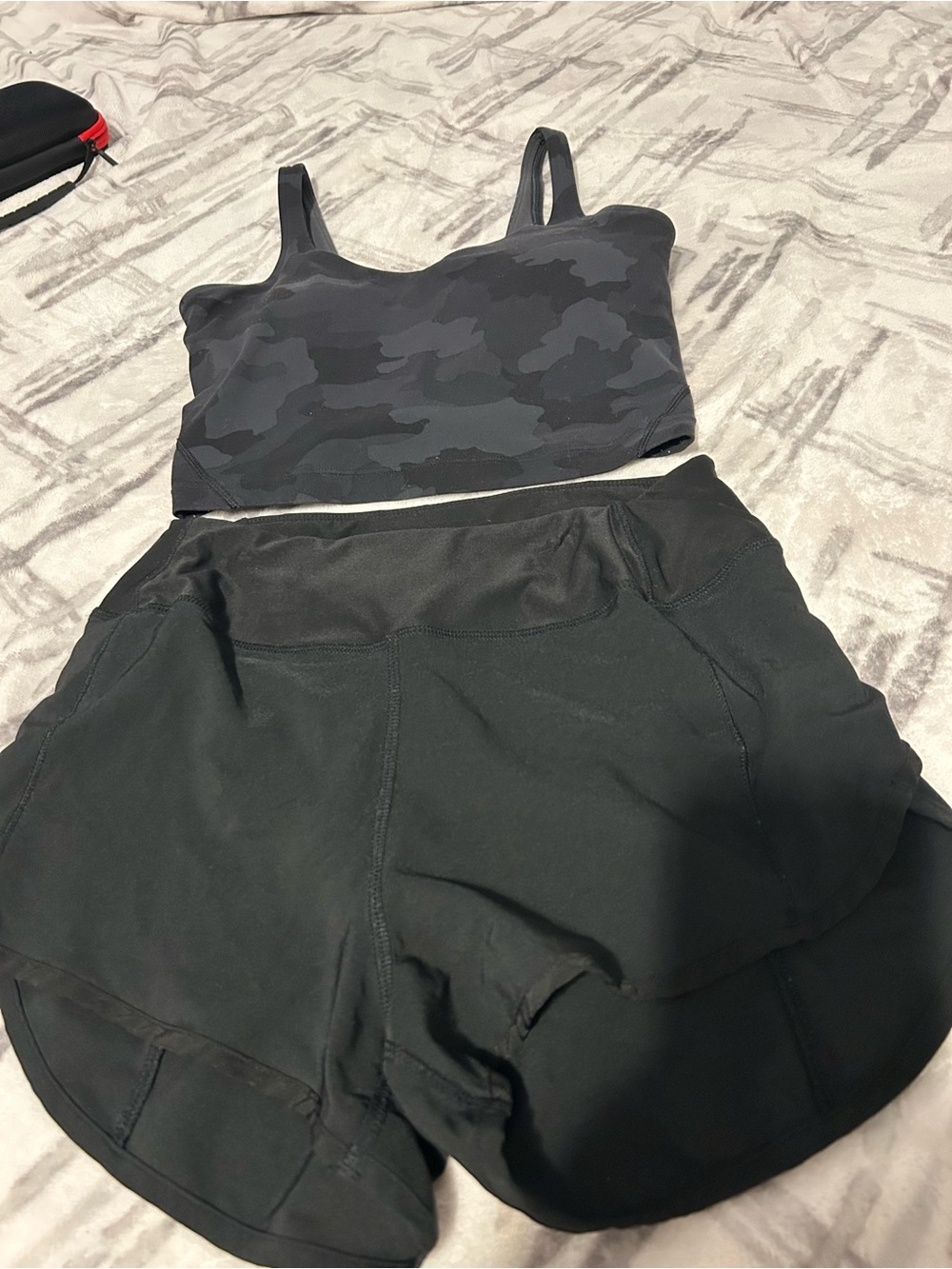 lululemon athletica Black Camo Cropped Tank & Black Athletic Shorts Set